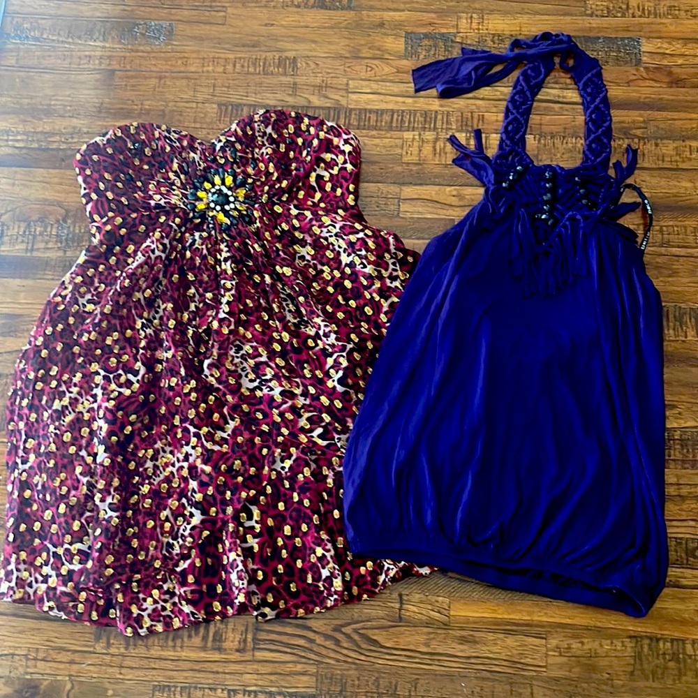 Strapless Dress and Halter Top both with Rhinestones by bebe